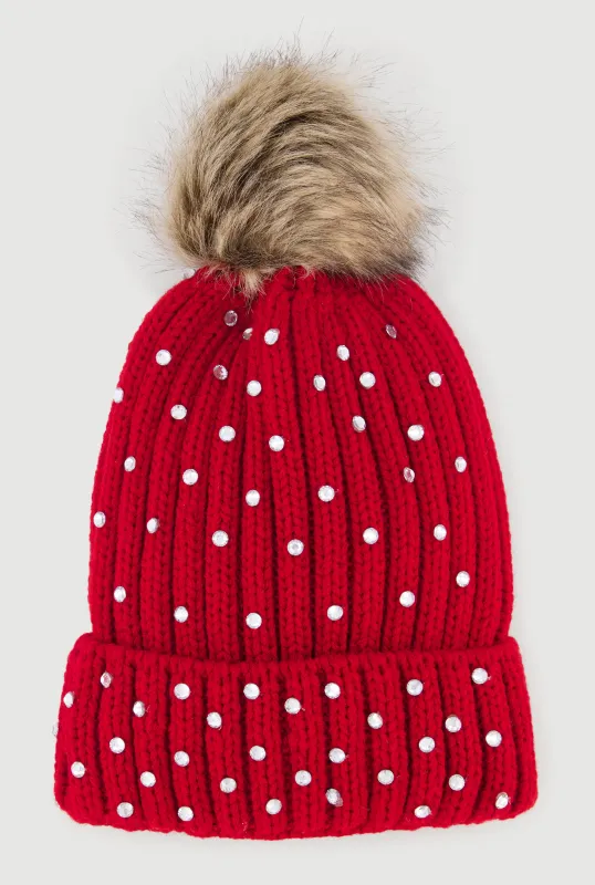 Faux Fur Pom Pom Rhinestone Detail Beanie sold by Rainbow