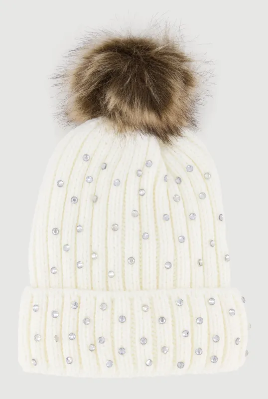 Faux Fur Pom Pom Rhinestone Detail Beanie sold by Rainbow