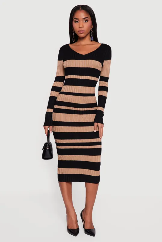 Striped Rib Knit Long Sleeve V-Neck Sweater Dress sold by Rainbow