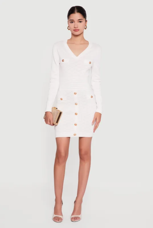 Textured Knit Button Detail Long Sleeve Sweater Dress sold by Rainbow