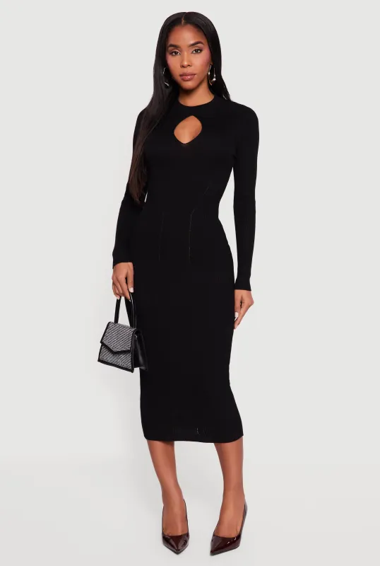 Rib Knit Keyhole Front Long Sleeve High Neck Sweater Dress made by Rainbow