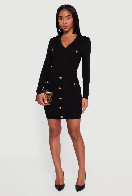 Textured Knit Button Detail Long Sleeve Sweater Dress sold by Rainbow