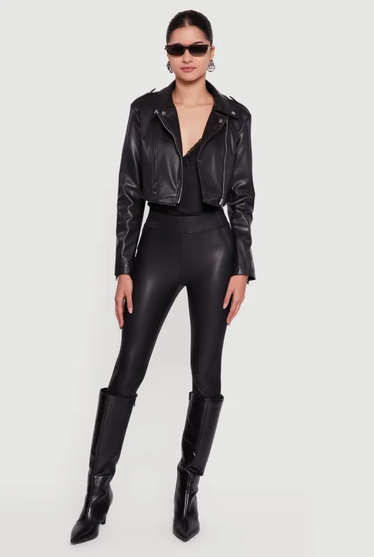 Faux Leather Cropped Zip Front Moto Jacket sold by Rainbow