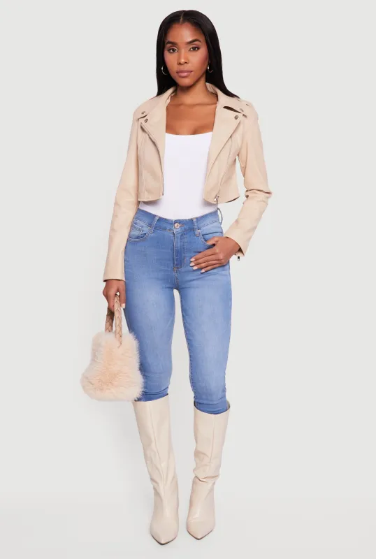 Faux Leather Cropped Zip Front Moto Jacket sold by Rainbow