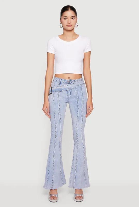 Acid Wash Belted Front Frayed Flare Jeans sold by Rainbow