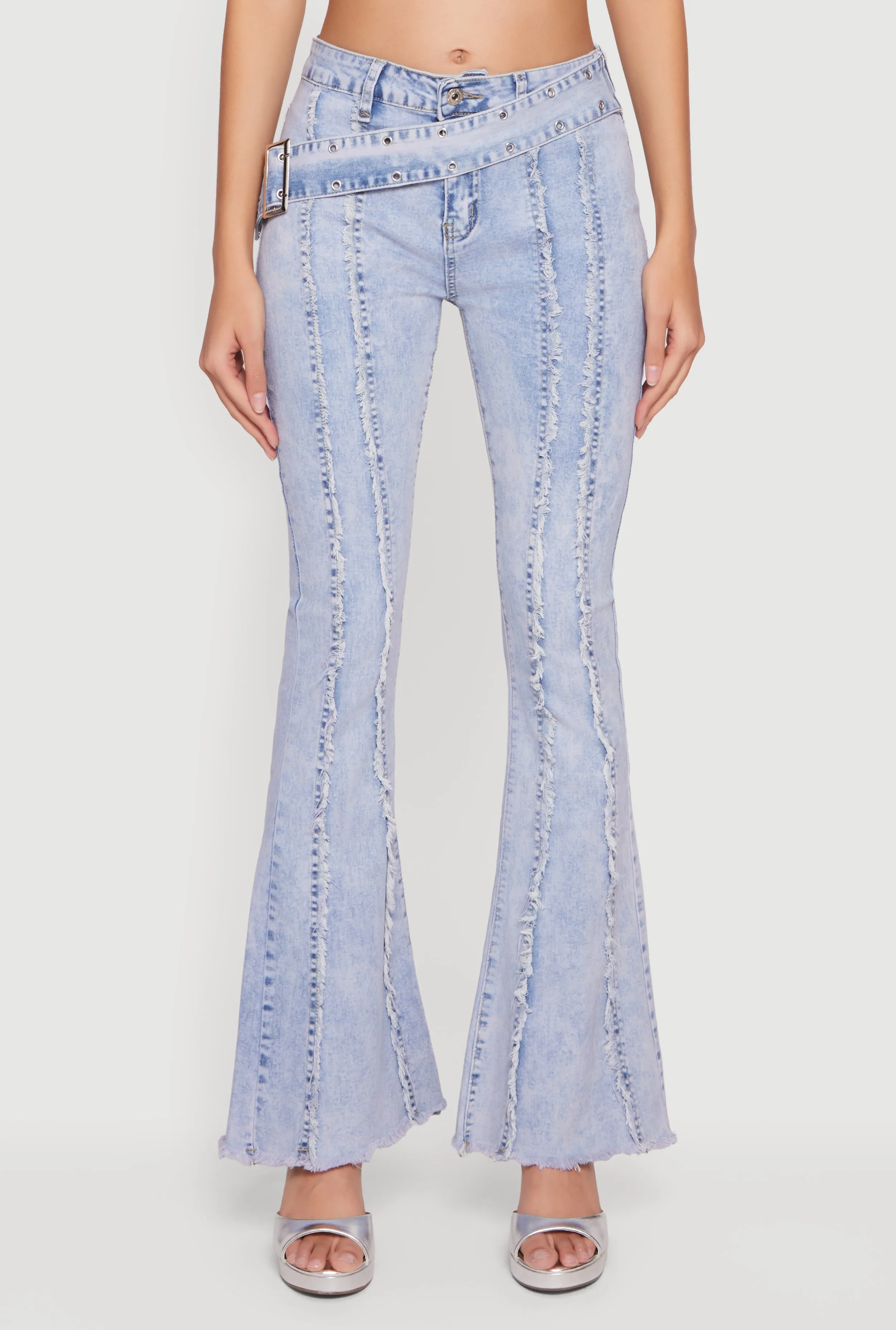 Acid Wash Belted Front Frayed Flare Jeans sold by Rainbow product image thumbnail 5
