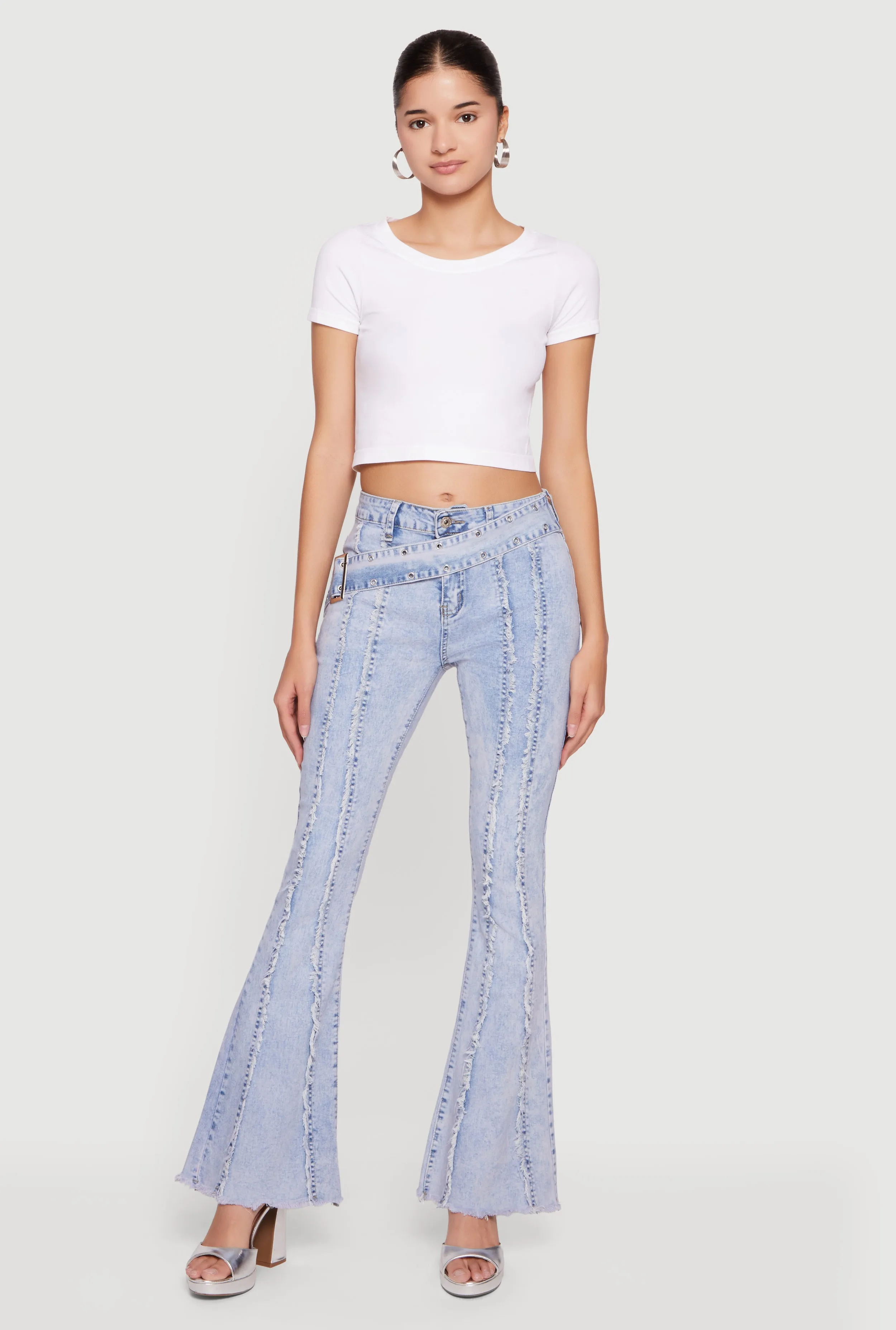 Acid Wash Belted Front Frayed Flare Jeans sold by Rainbow product image thumbnail 2