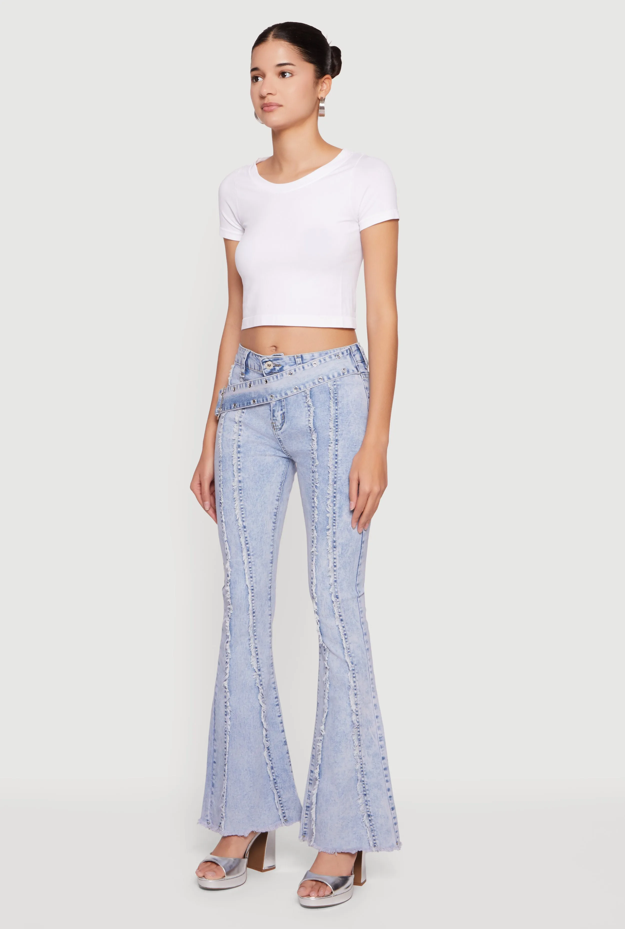 Acid Wash Belted Front Frayed Flare Jeans sold by Rainbow product image thumbnail 3