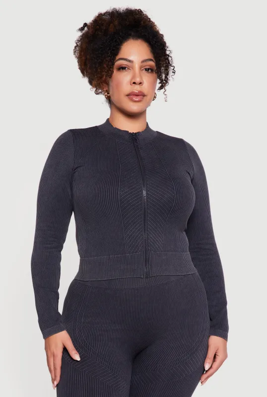 Plus Size Seamless Acid Wash Zip Front Track Jacket sold by Rainbow