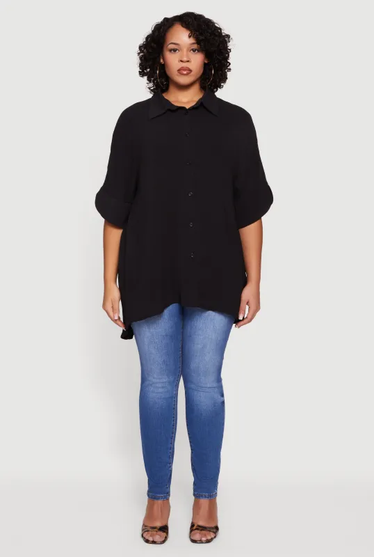 Plus Size Crepe Knit Button Front Tunic Shirt sold by Rainbow