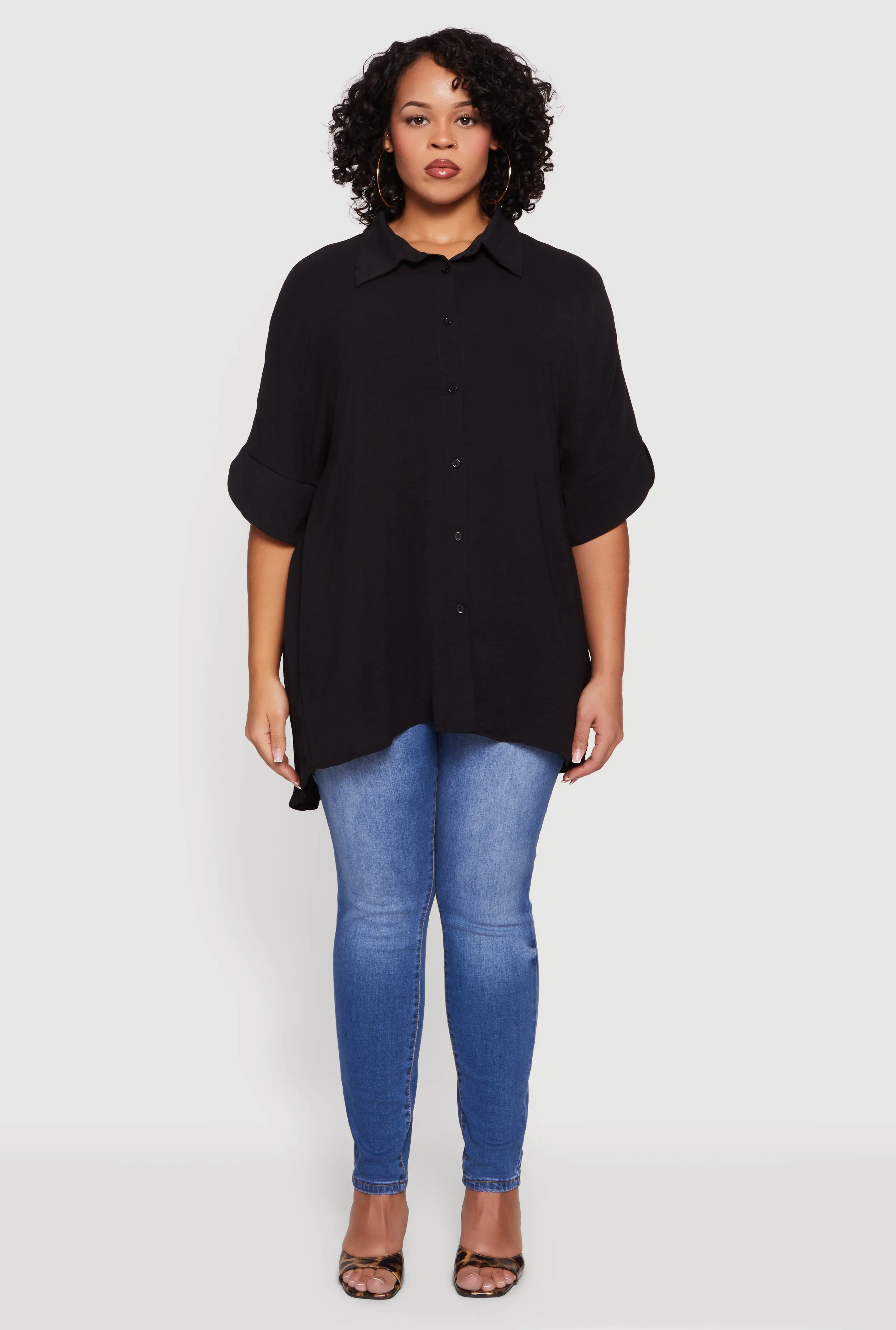 Plus Size Crepe Knit Button Front Tunic Shirt sold by Rainbow