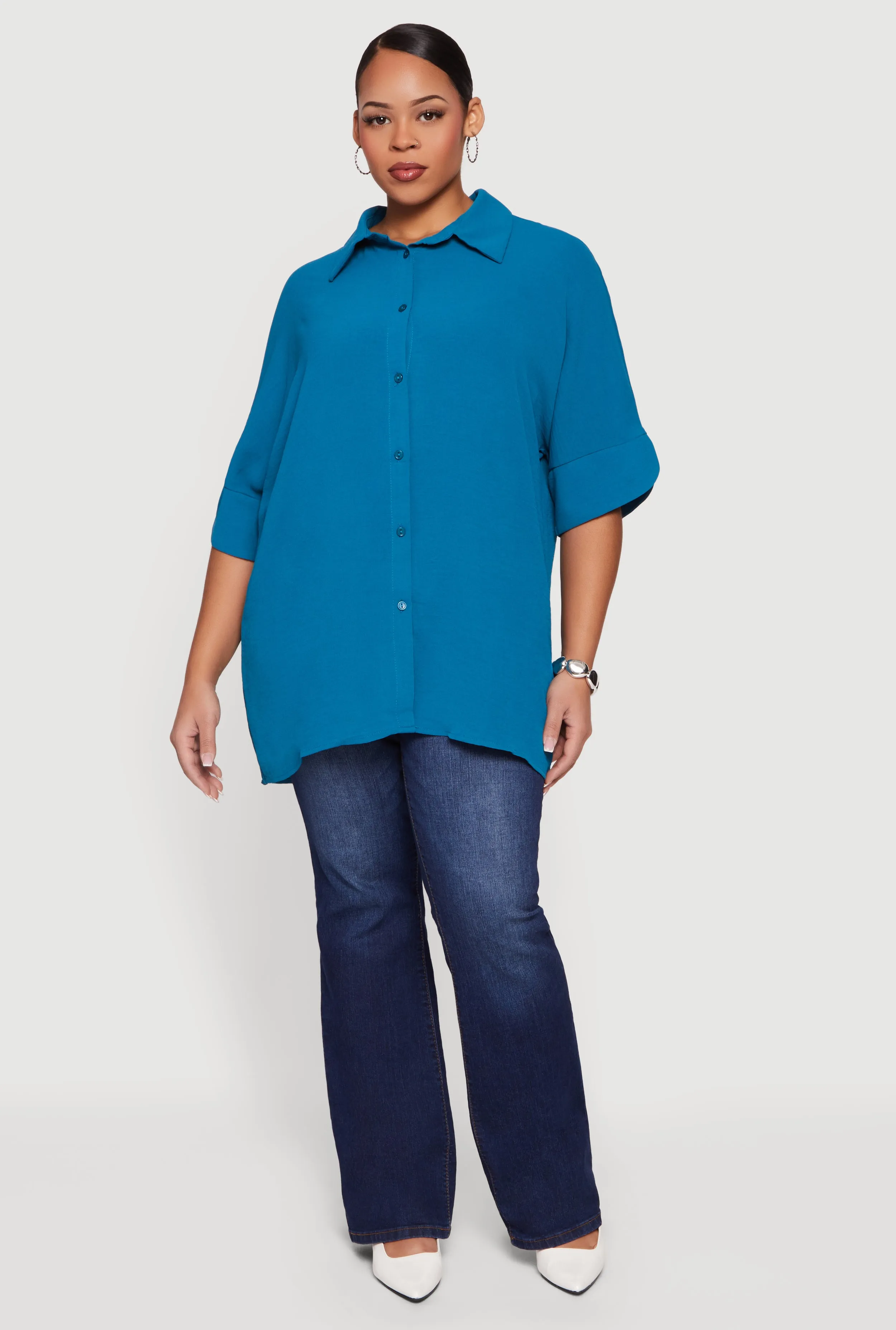 Plus Size Crepe Knit Button Front Tunic Shirt sold by Rainbow product image thumbnail 4