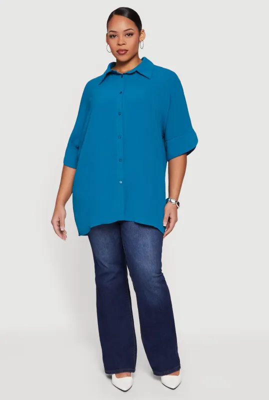 Plus Size Crepe Knit Button Front Tunic Shirt sold by Rainbow
