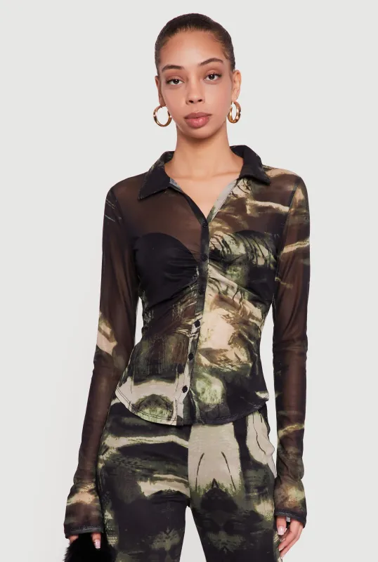 Patterned Mesh Long Sleeve Button Front Shirt sold by Rainbow