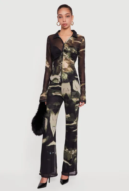 Patterned Mesh Pull On Straight Leg Pants sold by Rainbow