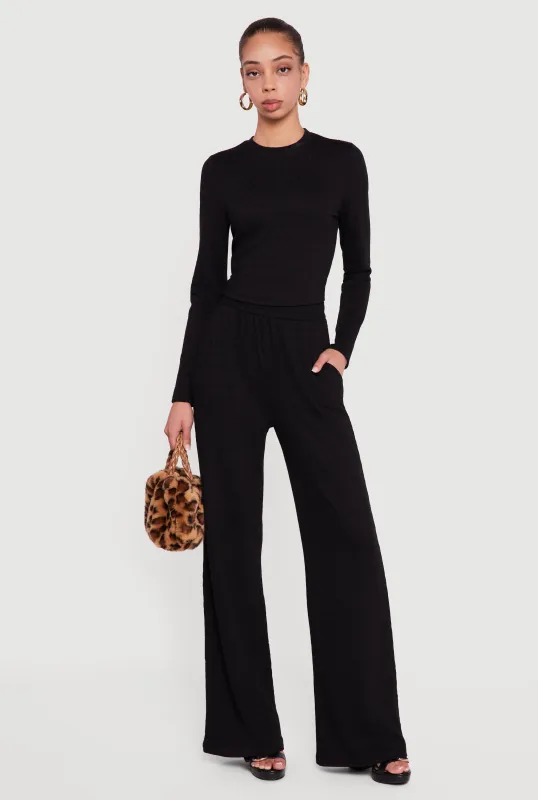 Textured Knit High Waisted Pull On Straight Leg Pants sold by Rainbow