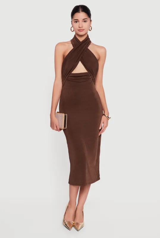 Criss Cross Cut Out Halter Midi Dress sold by Rainbow