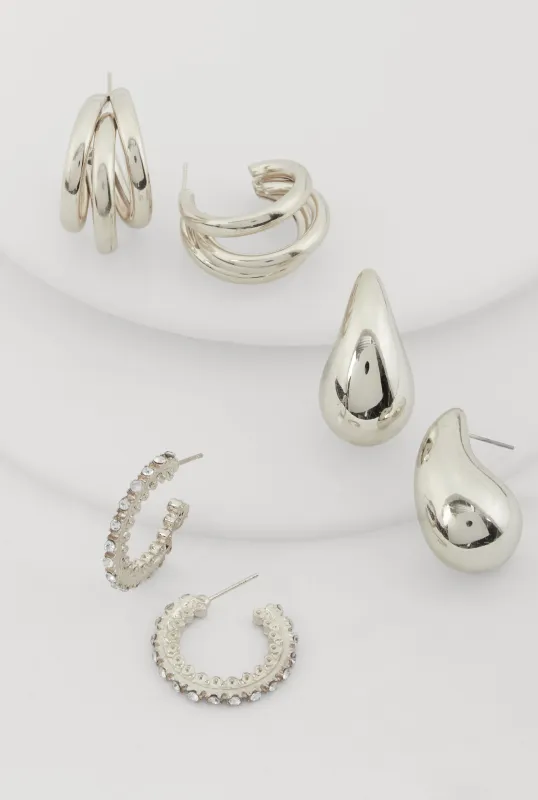 Metallic Rhinestone Hoop and Drop Earrings Set of 3 sold by Rainbow