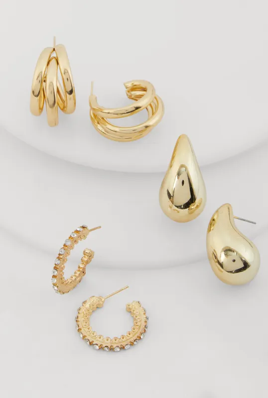 Metallic Rhinestone Hoop and Drop Earrings Set of 3 sold by Rainbow