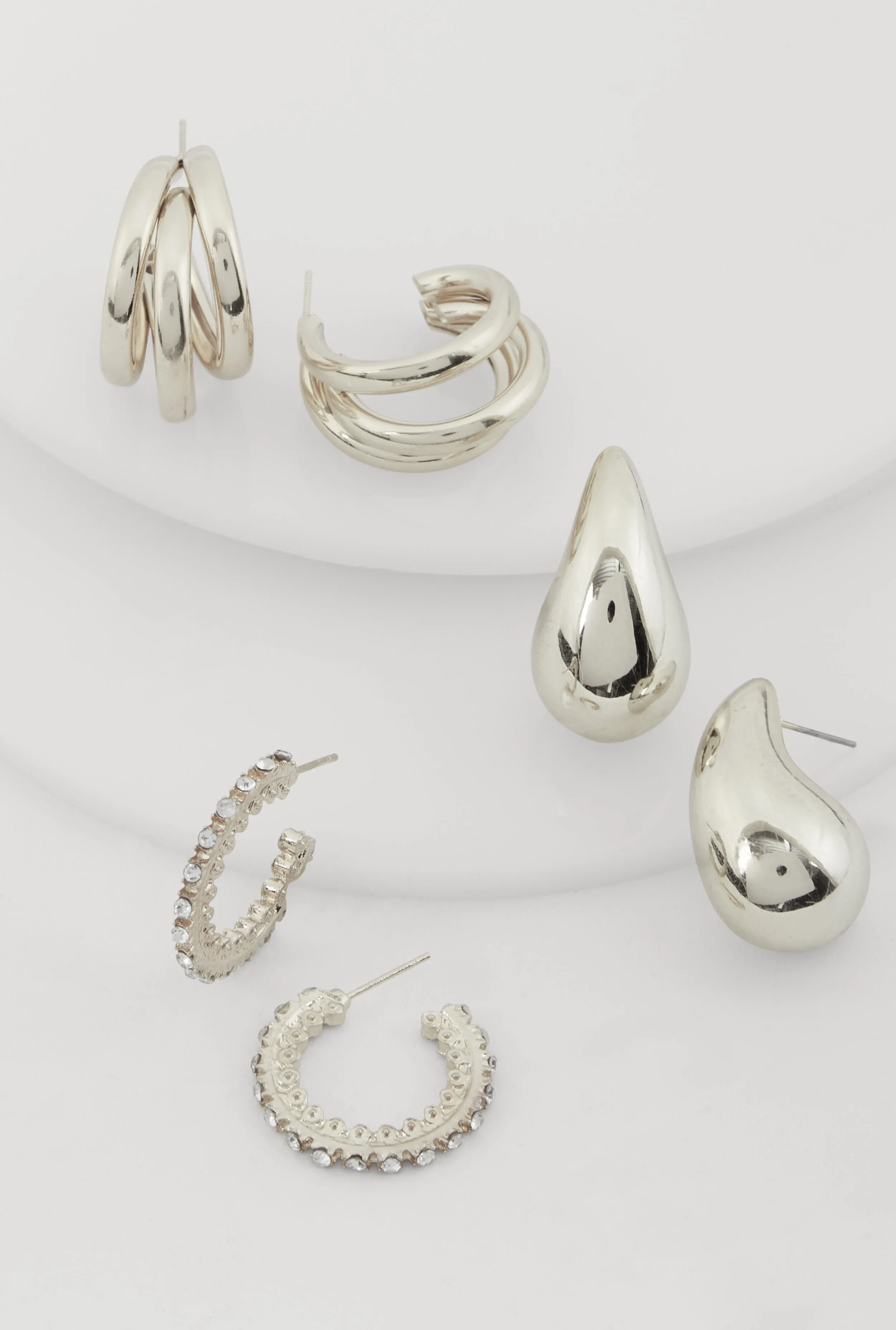 Metallic Rhinestone Hoop and Drop Earrings Set of 3 sold by Rainbow