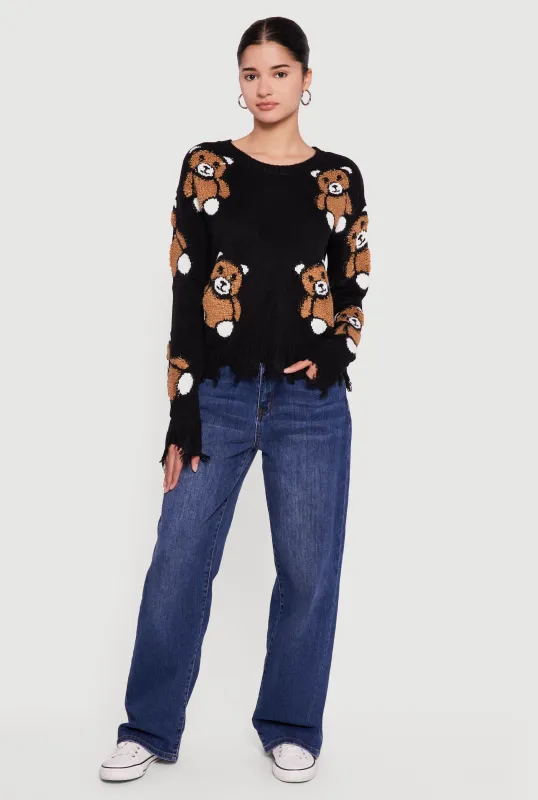 Boucle Teddy Bear Distressed Long Sleeve Crew Neck Sweater sold by Rainbow