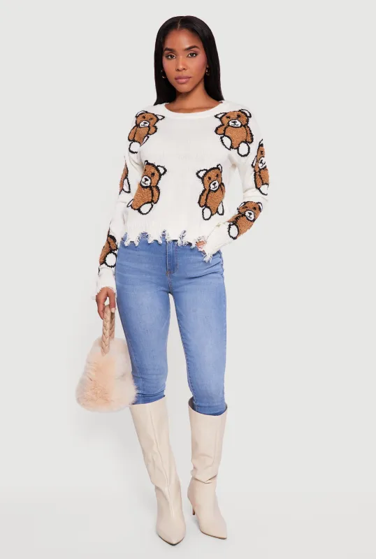 Boucle Teddy Bear Distressed Long Sleeve Crew Neck Sweater made by Rainbow