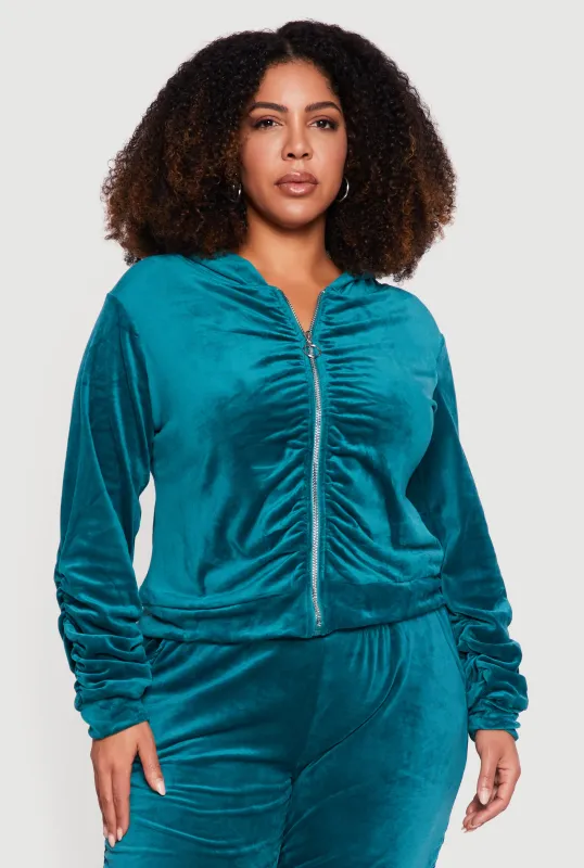 Plus Size Velour Ruched Zip Front Hooded Sweatshirt made by Rainbow