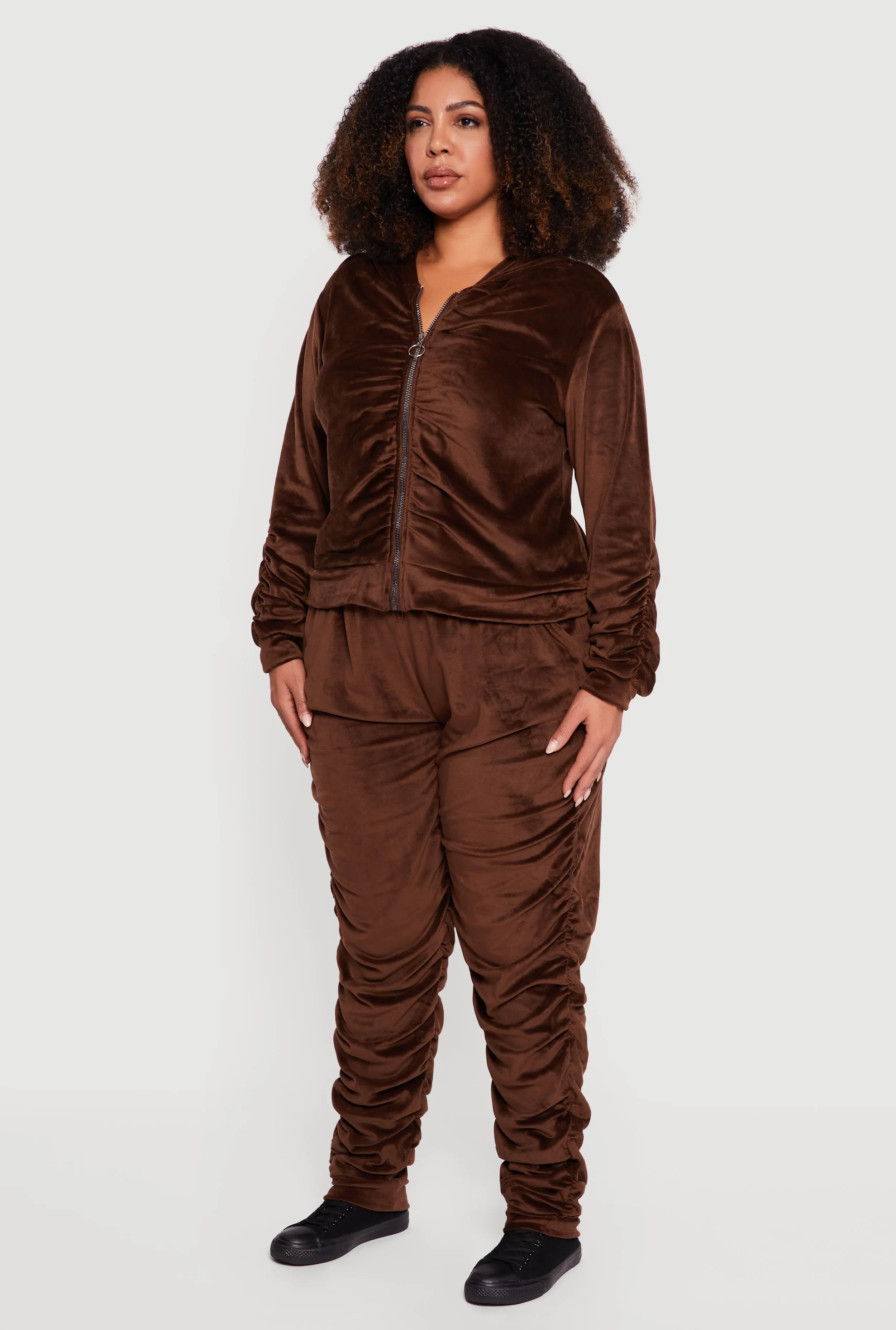 Plus Size Velour Ruched Zip Front Hooded Sweatshirt sold by Rainbow product image thumbnail 5
