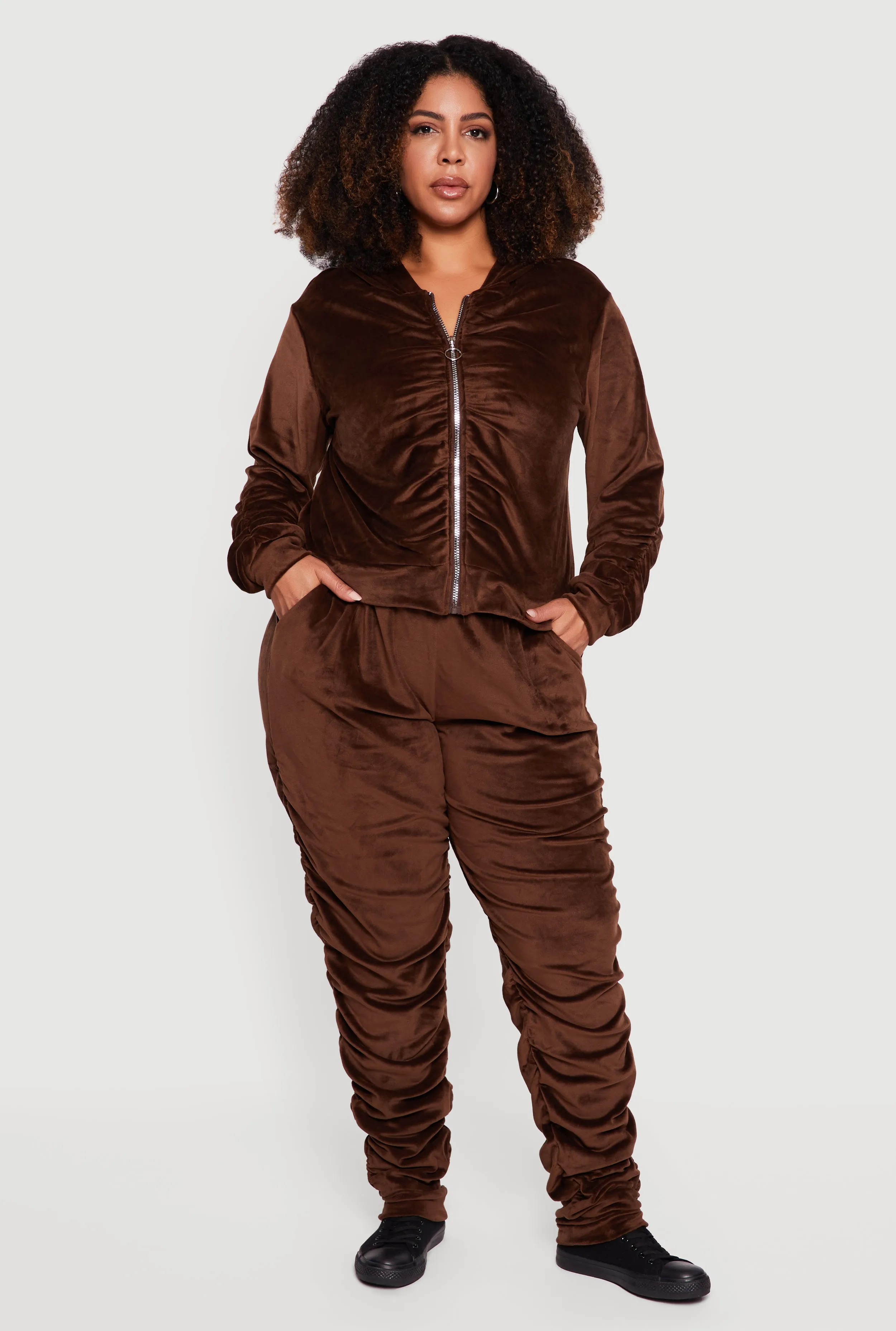 Plus Size Velour Ruched Zip Front Hooded Sweatshirt sold by Rainbow product image thumbnail 2
