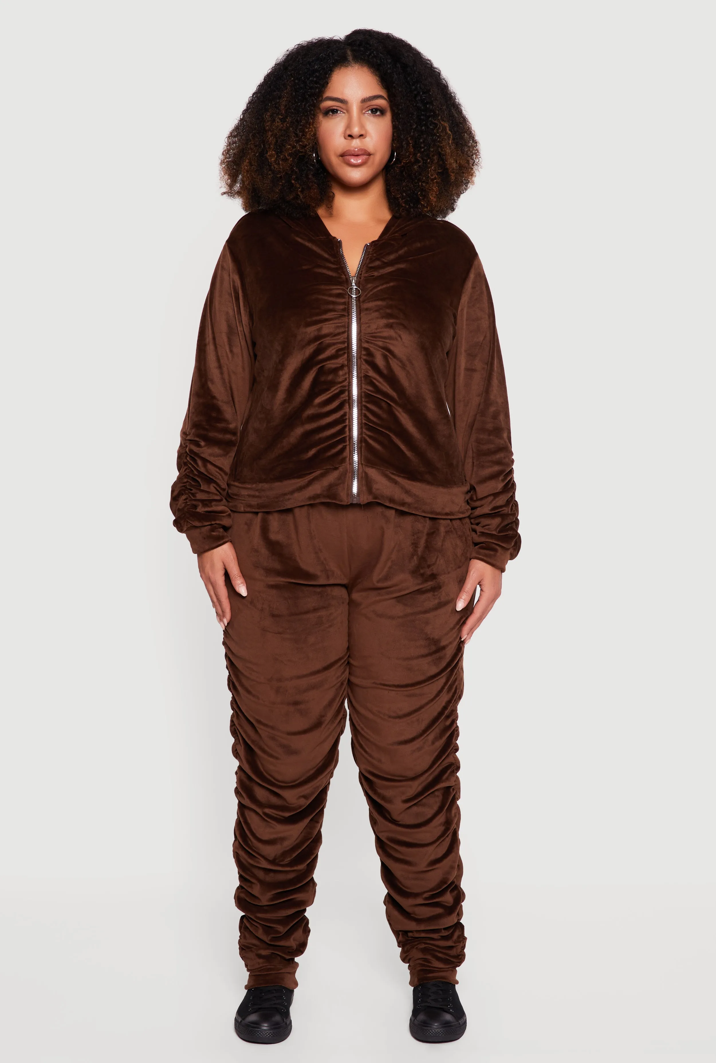 Plus Size Velour Ruched Zip Front Hooded Sweatshirt sold by Rainbow product image thumbnail 3