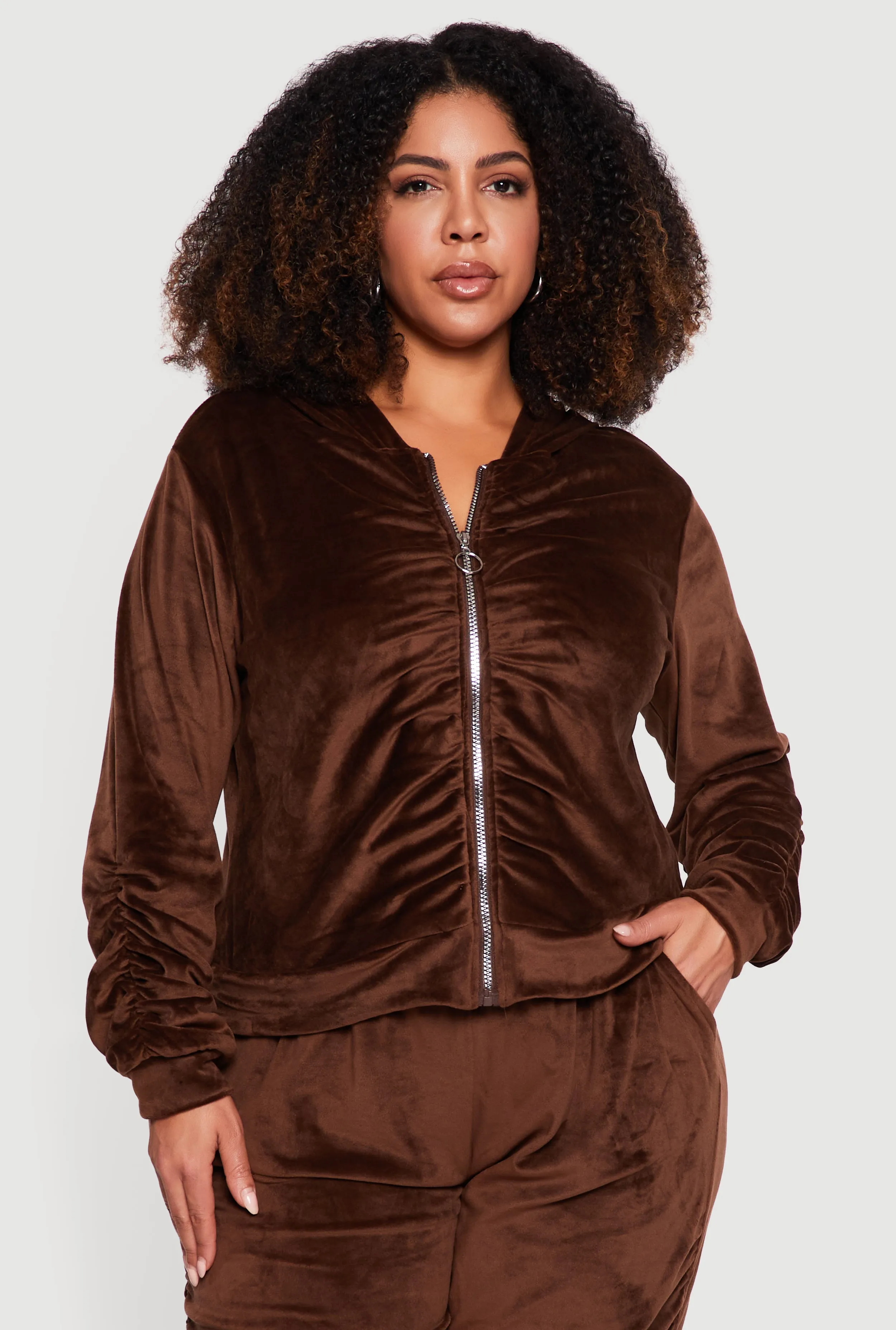 Plus Size Velour Ruched Zip Front Hooded Sweatshirt sold by Rainbow