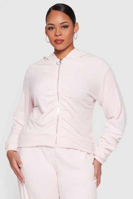 Plus Size Velour Ruched Zip Front Hooded Sweatshirt sold by Rainbow