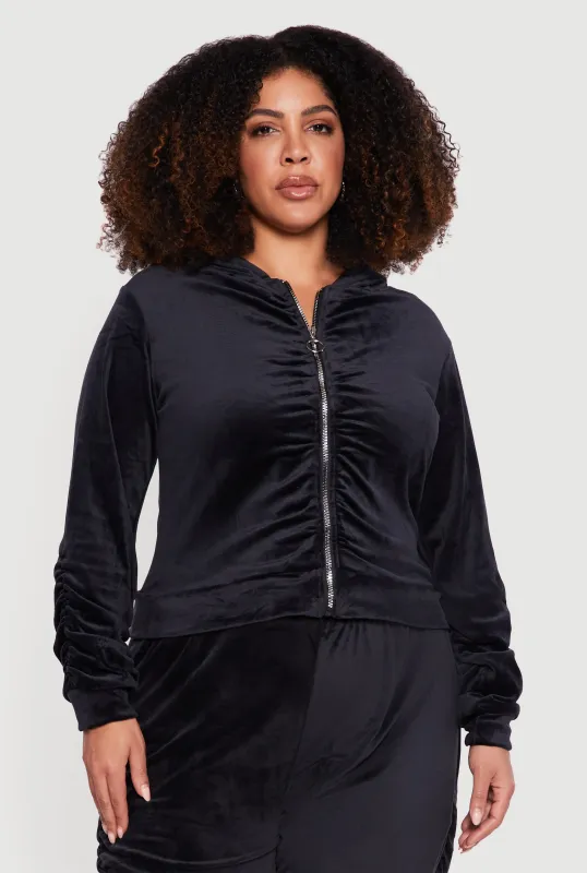 Plus Size Velour Ruched Zip Front Hooded Sweatshirt sold by Rainbow