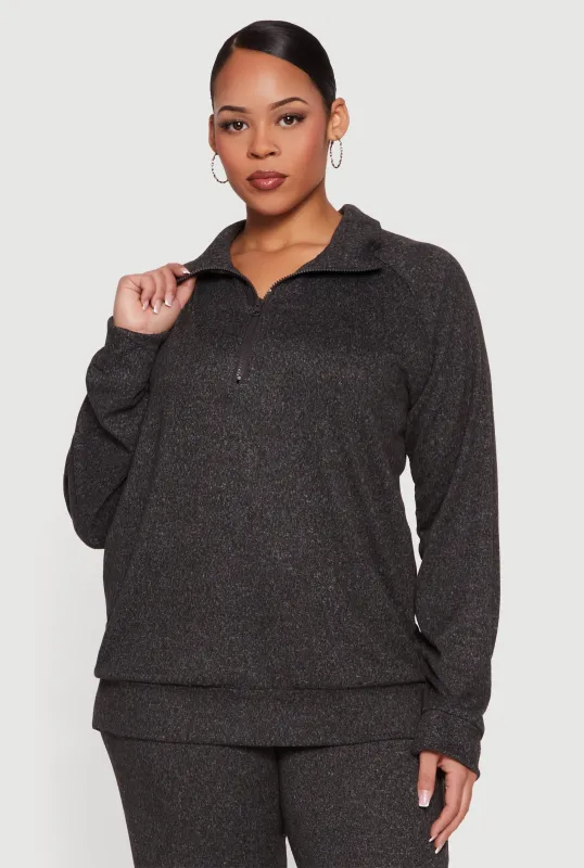 Plus Size Long Sleeve Quarter Zip Polo Top sold by Rainbow