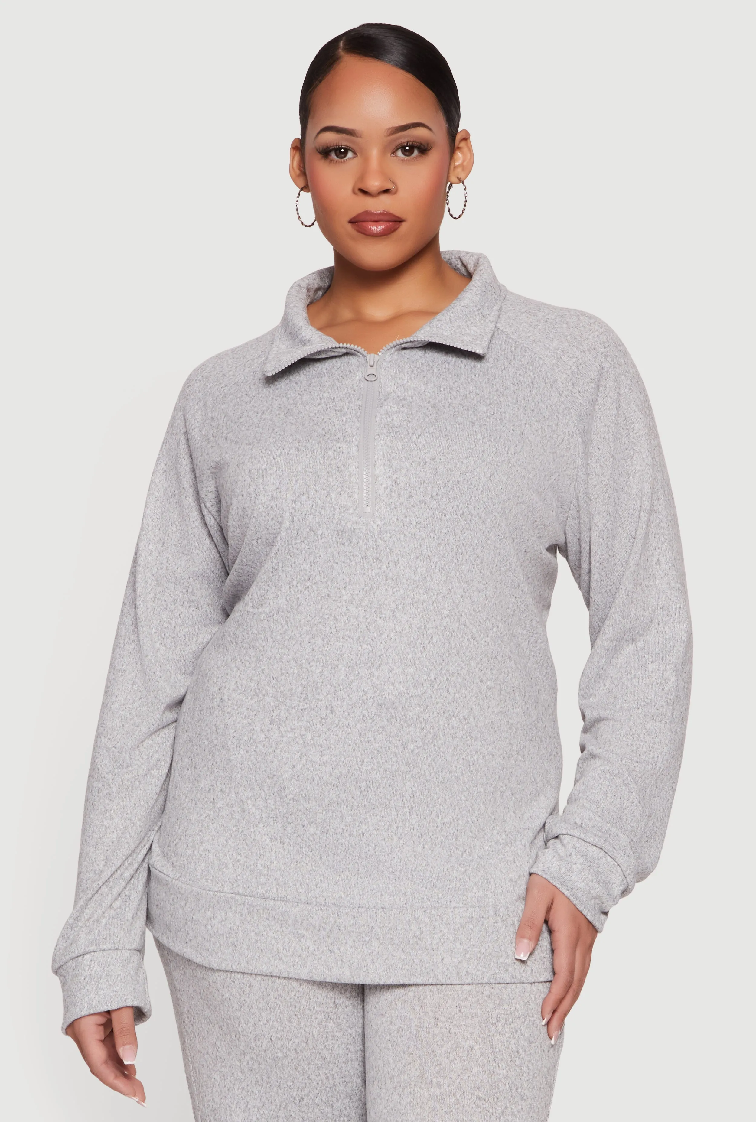 Plus Size Long Sleeve Quarter Zip Polo Top sold by Rainbow
