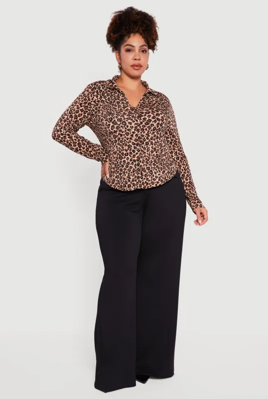 Plus Size Leopard Print Long Sleeve Button Front Shirt sold by Rainbow