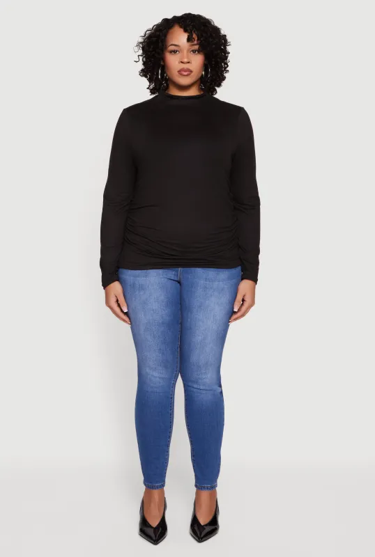 Plus Size Soft Knit Ruched Side Long Sleeve Mock Neck Top sold by Rainbow