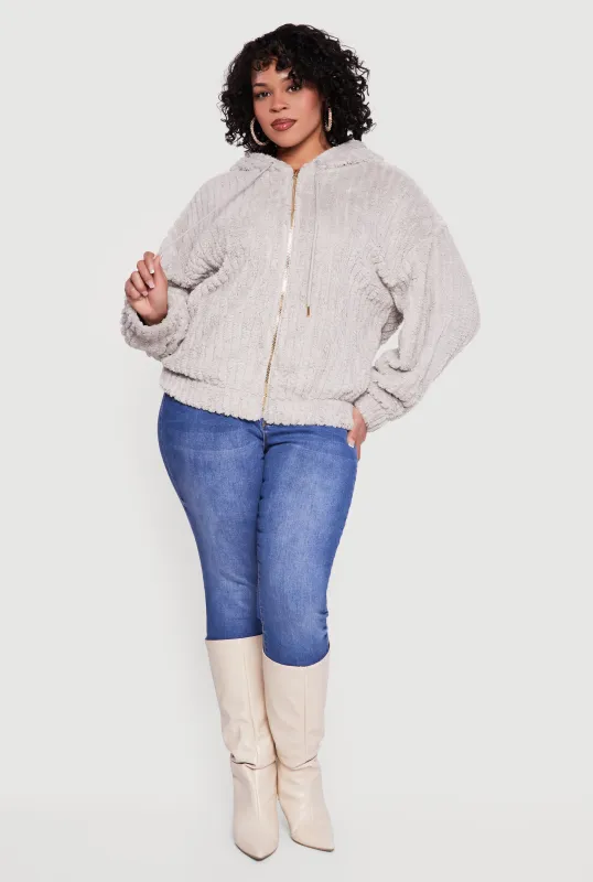 Plus Size Zip Front Hooded Sherpa Jacket sold by Rainbow