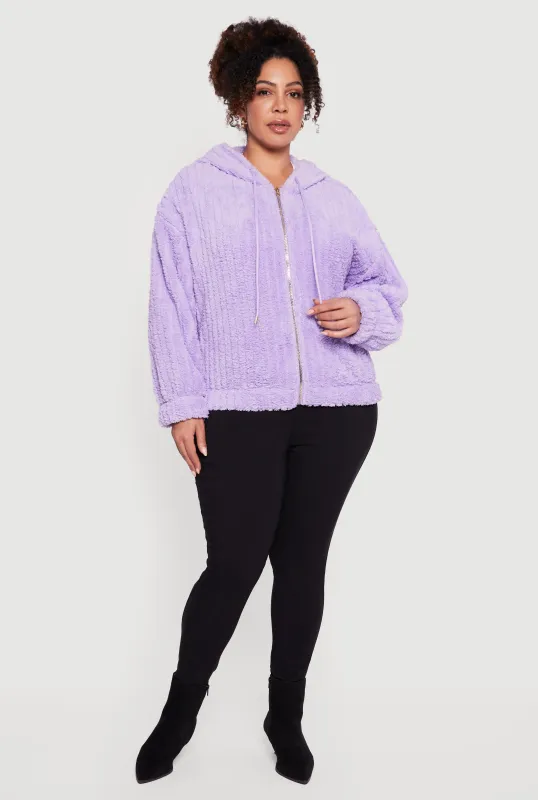 Plus Size Zip Front Hooded Sherpa Jacket sold by Rainbow