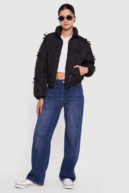 Almost Famous Bow Detail Zip Front Puffer Jacket sold by Rainbow