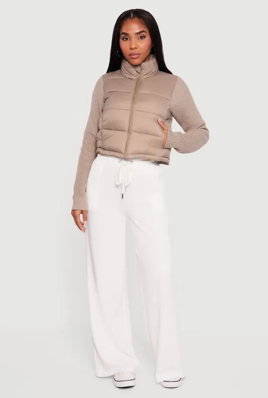 Mock Neck Zip Front Knit Sleeve Puffer Jacket made by iris