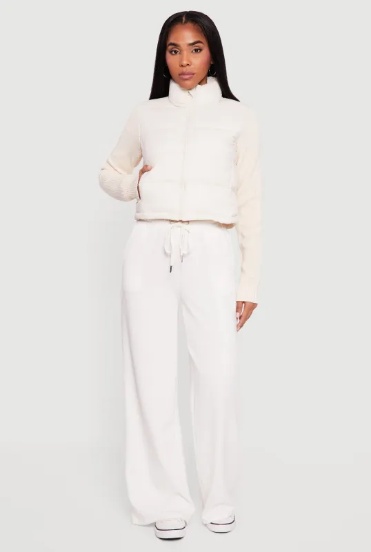 Mock Neck Zip Front Knit Sleeve Puffer Jacket made by iris