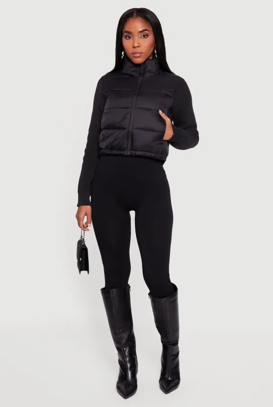 Mock Neck Zip Front Knit Sleeve Puffer Jacket sold by Rainbow