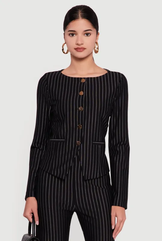 Metallic Button Front Pinstripe Collarless Blazer sold by Rainbow