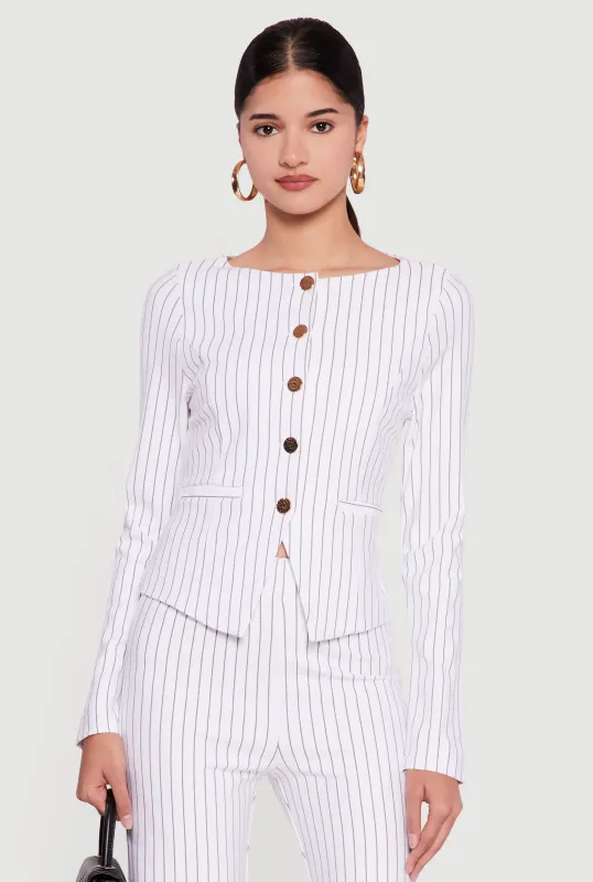 Metallic Button Front Pinstripe Collarless Blazer sold by Rainbow