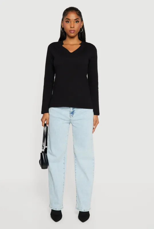 Solid Notch Neck Long Sleeve T-Shirt sold by Rainbow