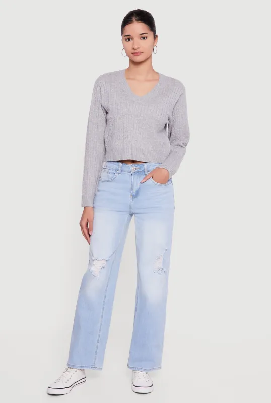 Cable Knit V-Neck Long Sleeve Cropped Sweater sold by Rainbow