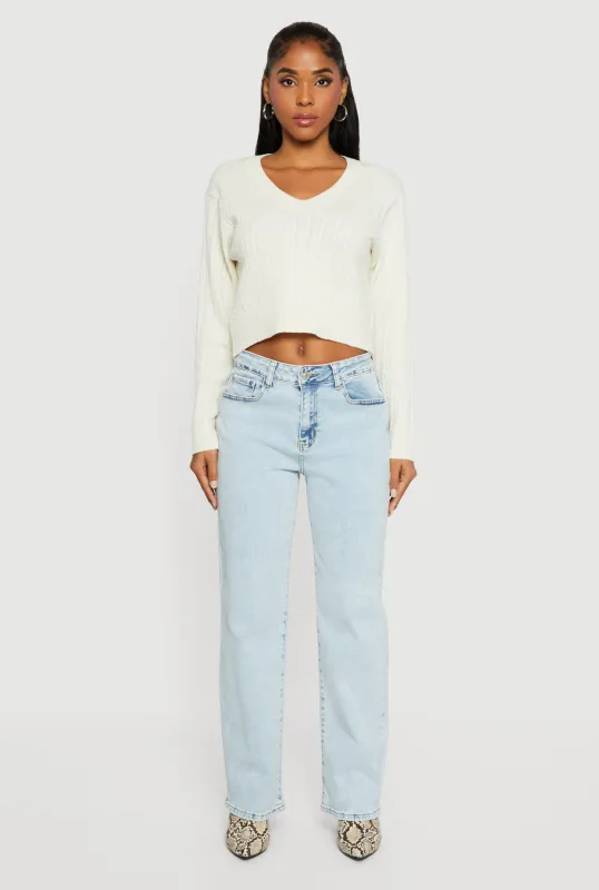 Cable Knit V-Neck Long Sleeve Cropped Sweater sold by Rainbow