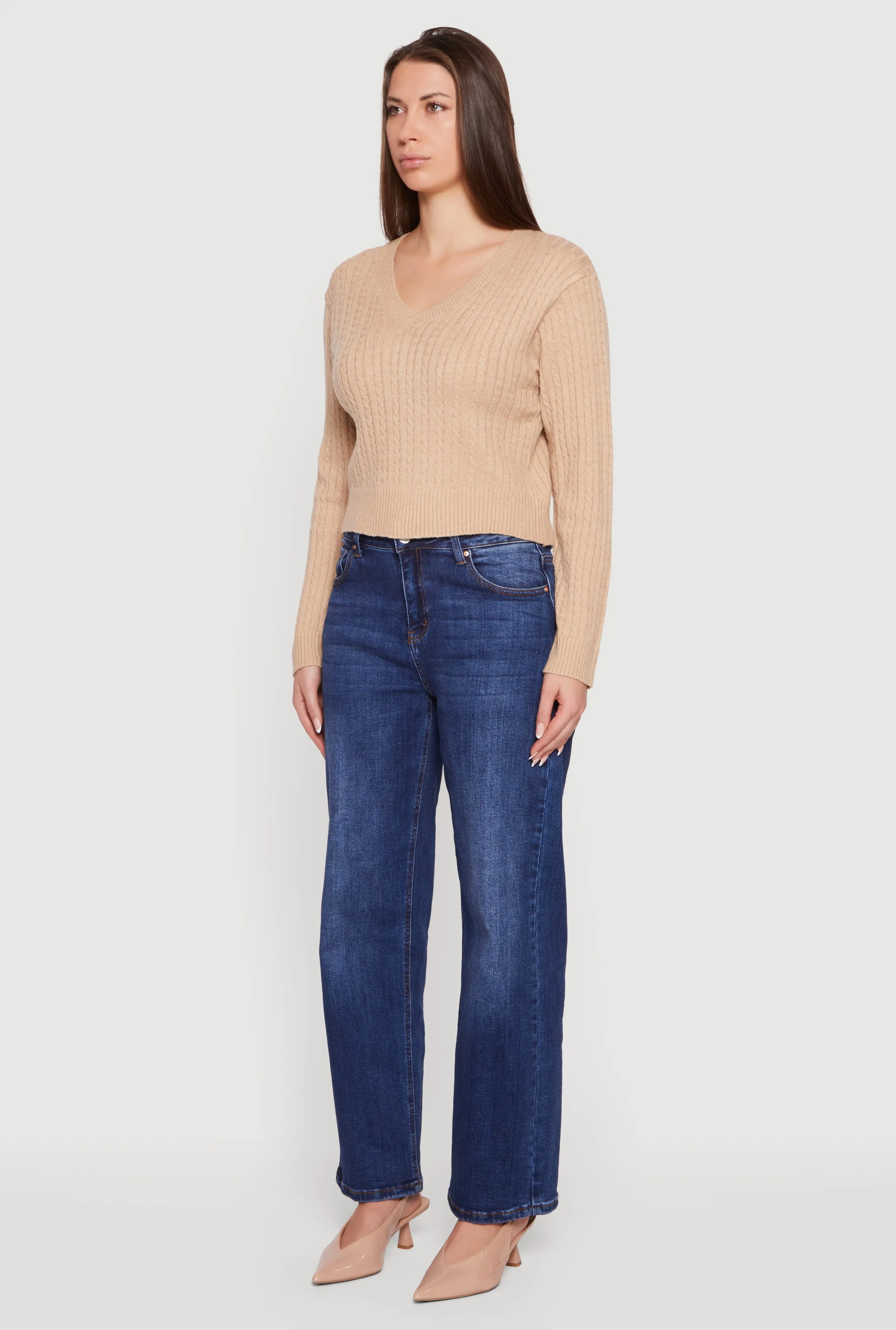 Cable Knit V-Neck Long Sleeve Cropped Sweater sold by Rainbow product image thumbnail 5