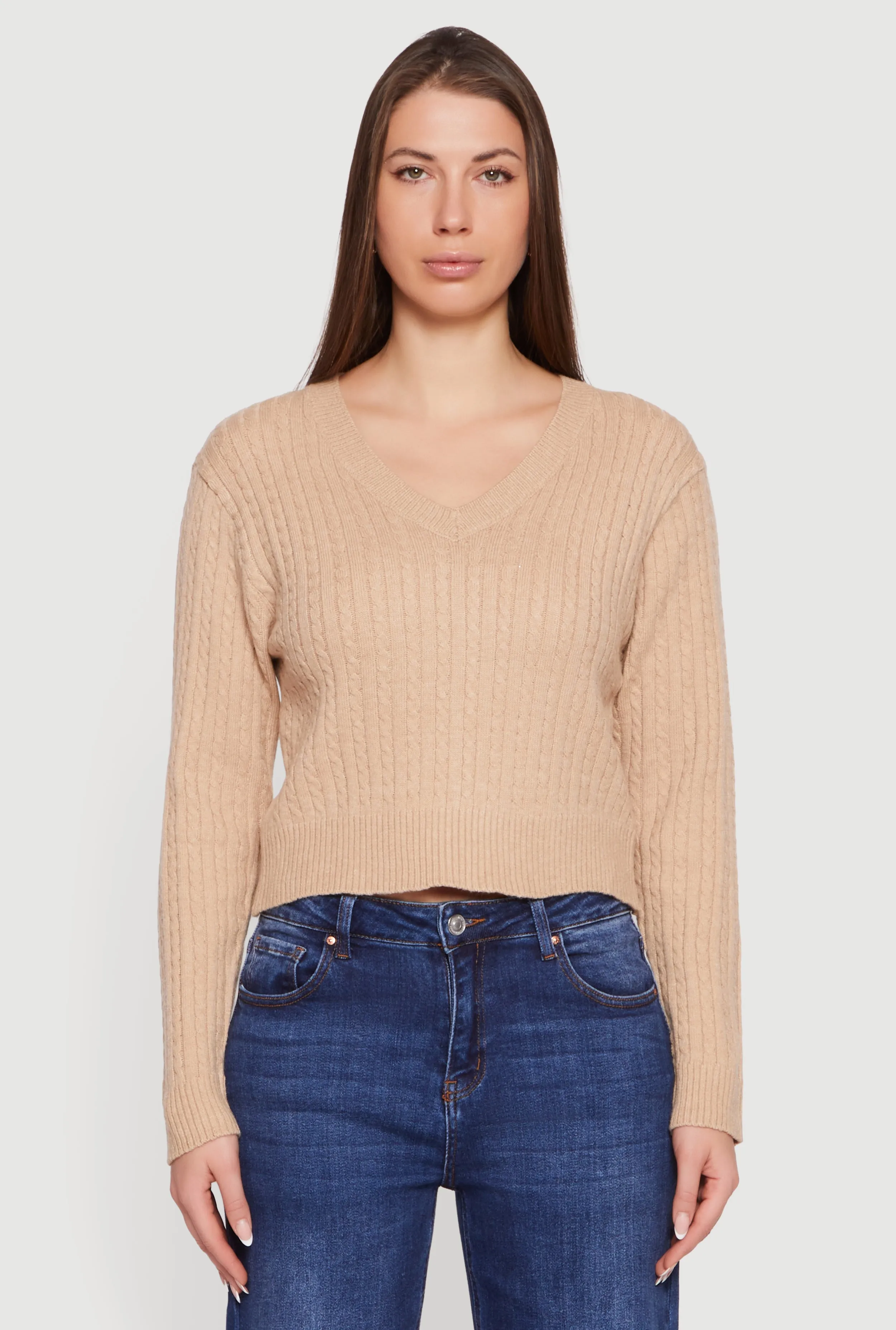 Cable Knit V-Neck Long Sleeve Cropped Sweater sold by Rainbow product image thumbnail 2
